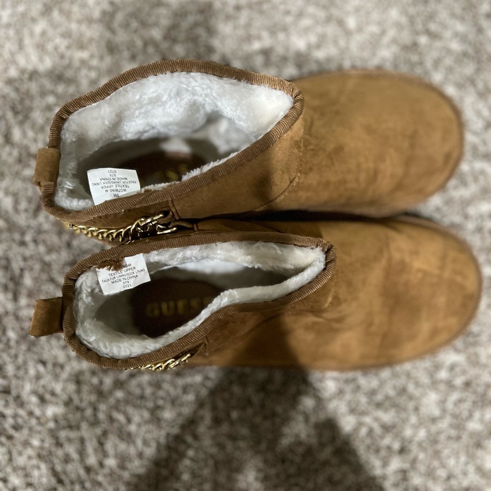 Guess Tan Boots with Faux Fur and Gold Chain